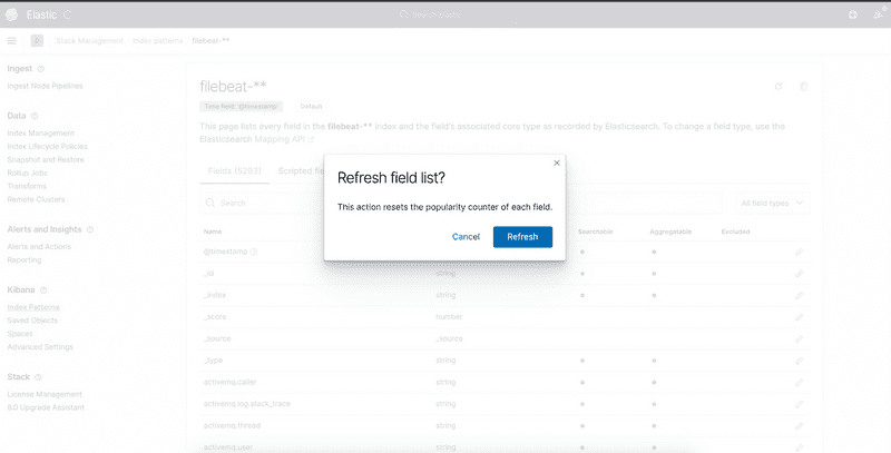 Screenshot of refreshing the Kibana field list