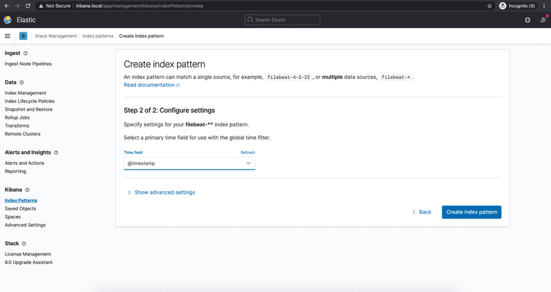 Screenshot of creating an index pattern in Kibana