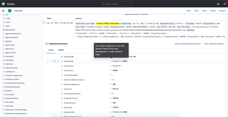 Screenshot of Traefik fields in Kibana